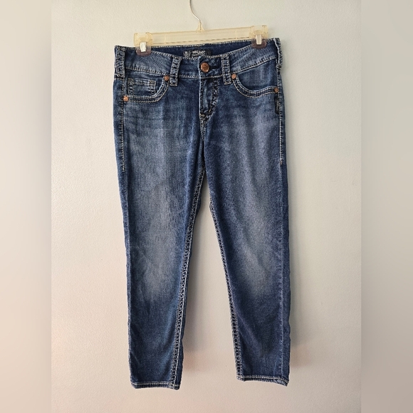 Silver Jeans Womens 28 Blue Suki Capri Denim Pants Thick Stitch Embroidered - Picture 2 of 14